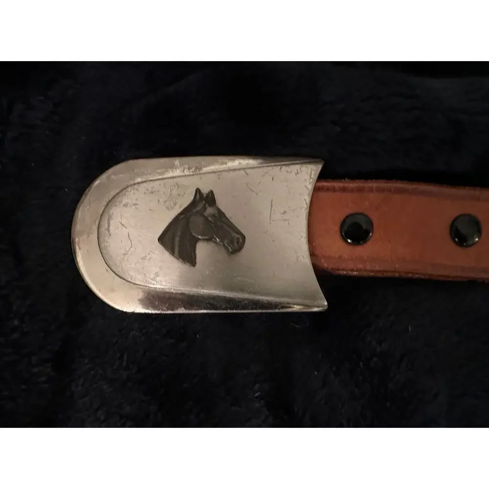 VINTAGE JUSTIN NICKEL SILVER HORSE BUCKLE W/TOOLED LEATHER WESTERN BELT